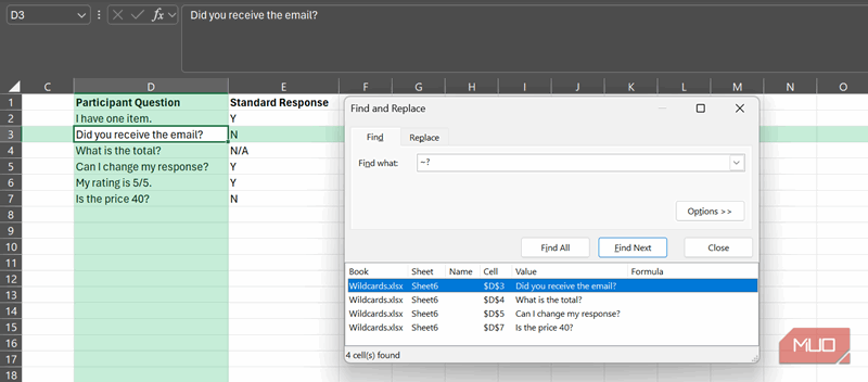 پنجره Find and Replace در اکسل که نتایج جستجو برای یافتن علامت سؤال به صورت لغوی با استفاده از کاراکتر جایگزین تمهید (~) را نشان می‌دهد.