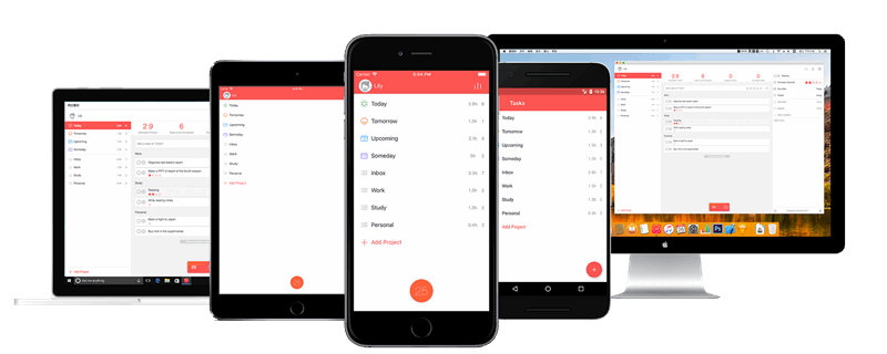 صفحه اصلی Focus To-Do بر روی لپ‌تاپ، تبلت، گوشی اندروید، آیفون و رایانه دسکتاپ، همه کنار هم