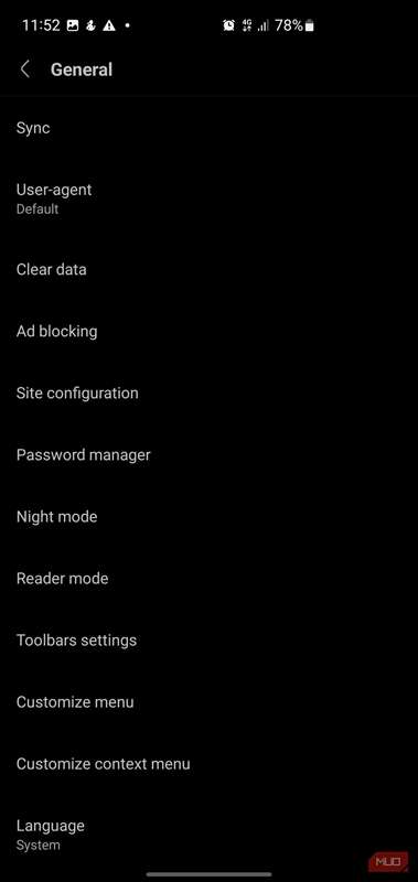 منوی تنظیمات عمومی در مرورگر Via
