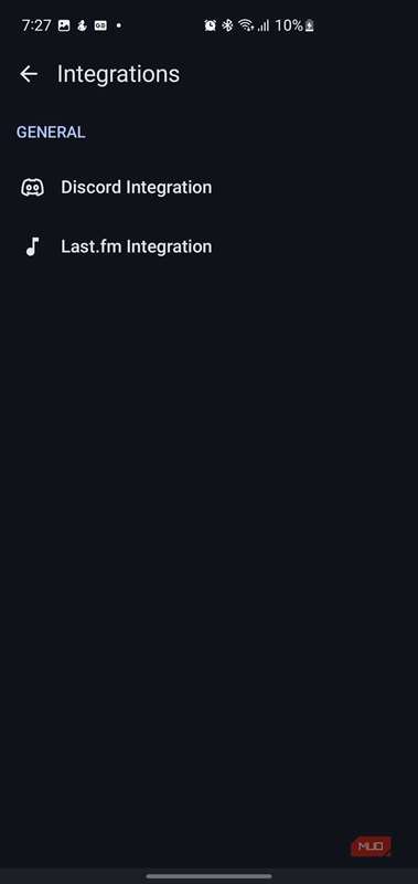 صفحهٔ تنظیمات ادغام‌ها در برنامهٔ Metrolist