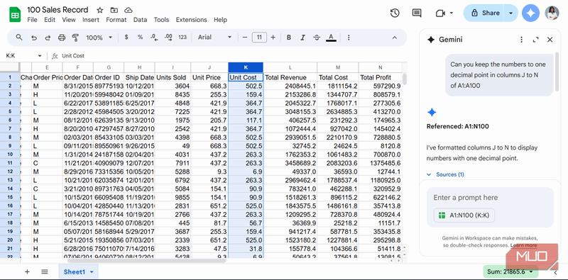 ستون K پس از بازفرمت کردن ستون‌های J تا N برای نمایش فقط اعداد با یک رقم اعشار توسط Gemini در Sheets برجسته شد