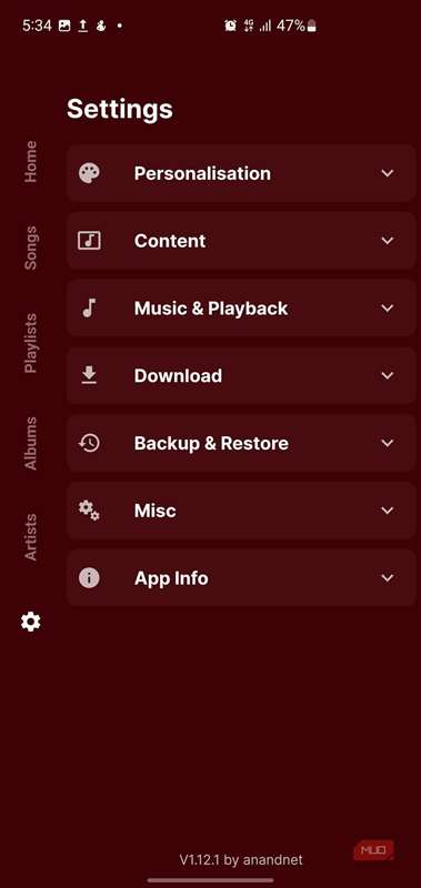 منوی اصلی تنظیمات در برنامهٔ Music Harmony