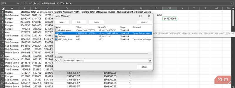 مدیر نام‌ها بر روی یک محدوده داده در Excel