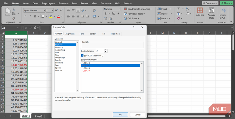 قالب عددی تحت Format Cells که بر روی یک ستون در Excel اعمال شده است.