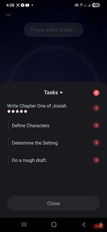 فیلد انتخاب کار برای زمان‌سنج پومودورو Focus To-Do در گوشی اندروید من