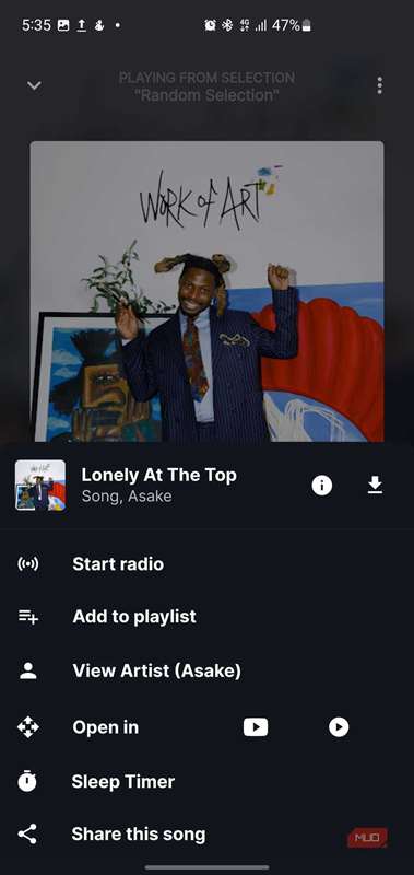 منوی گزینه‌های آهنگ در برنامهٔ Music Harmony