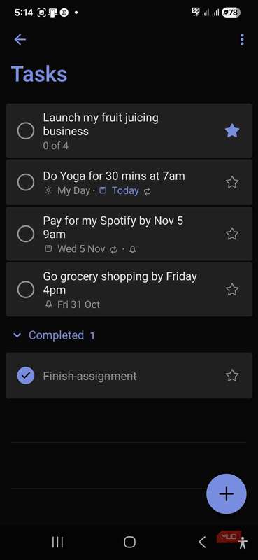 صفحه Tasks در Microsoft To Do بر روی موبایل.