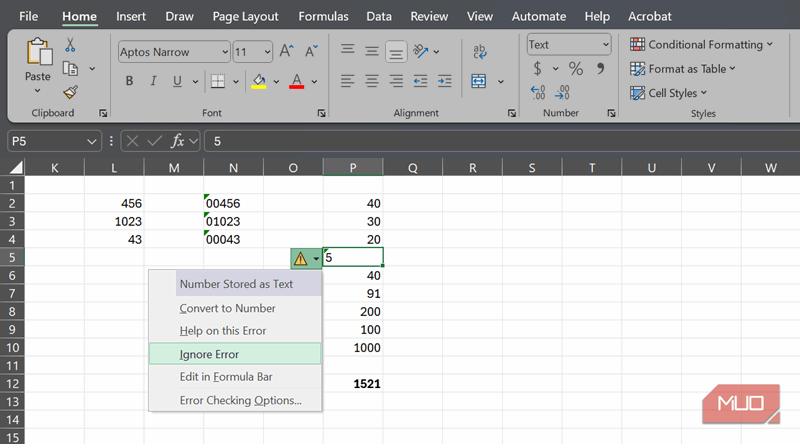 قالب عددی Text که بر سلولهای Excel اعمال شده و پیغام خطای Number stored as Text