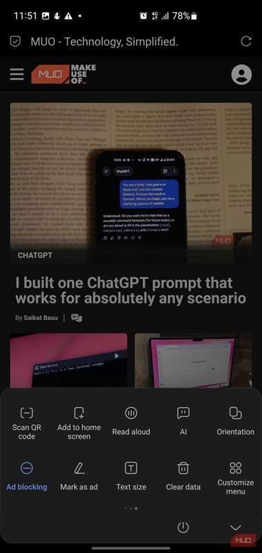 منوی اصلی مرورگر Via، اسکرول شده به بخش پایین