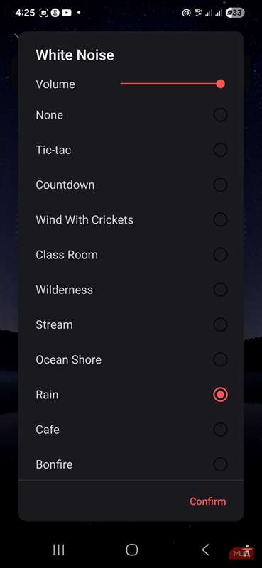 ویژگی نویز سفید (White Noise) در برنامه Focus To-Do بر روی گوشی اندروید من