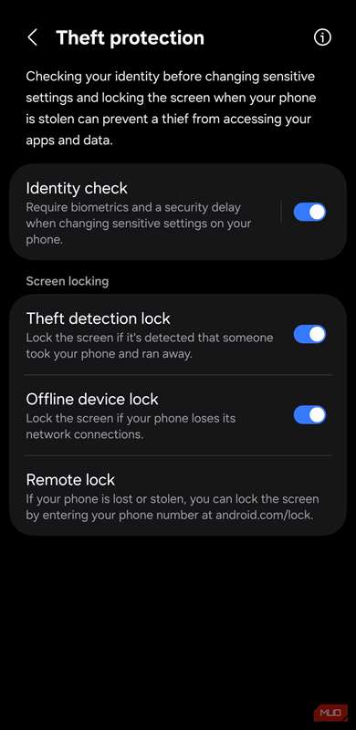 صفحه حفاظت در برابر سرقت با تمام گزینهها فعال
