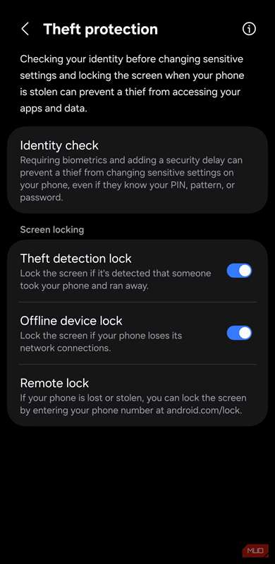 تنظیمات حفاظت در برابر سرقت با گزینههای حرکت و قفل آفلاین