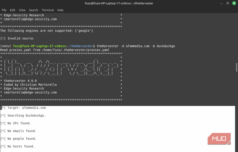 نتایج اسکن theHarvester پس از پاک‌سازی ردپای آنلاین