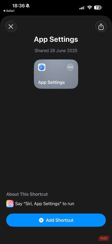 دکمه افزودن میان‌بر برای افزودن میان‌بر تنظیمات برنامه به گالری Shortcuts