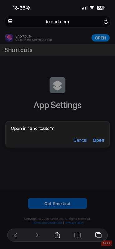 پرسش برای باز کردن میان‌بر تنظیمات برنامه در برنامه Shortcuts