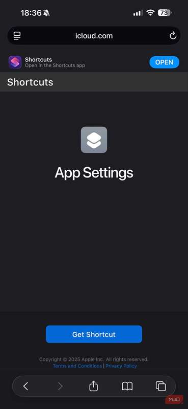 لینک iCloud برای میان‌بر تنظیمات برنامه