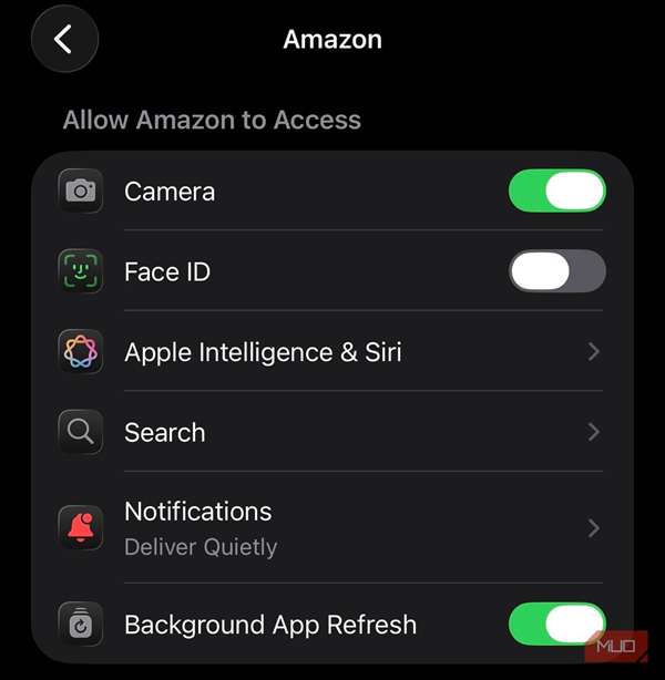تنظیمات سطح‌سیستمی برنامه آمازون در آیفون