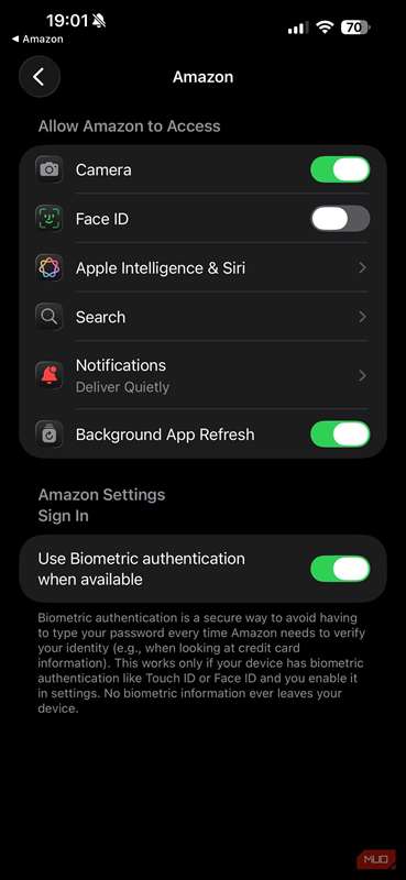 تنظیمات سطح‌سیستمی برنامه آمازون در آیفون