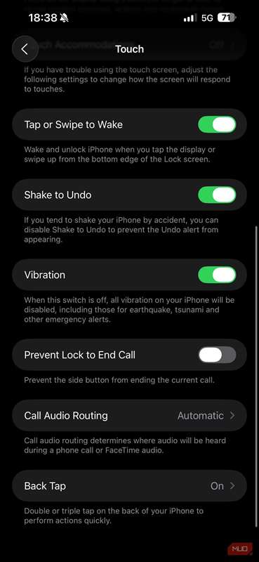 صفحه تنظیمات Touch