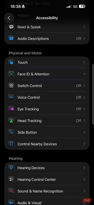 صفحه تنظیمات دسترسی در یک آیفون