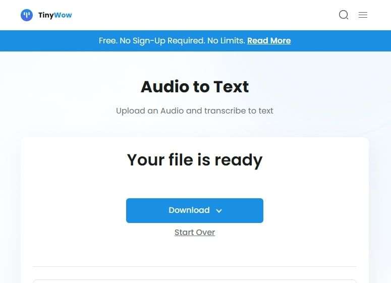 بارگذاری یک فایل صوتی در TinyWow و تبدیل به متن