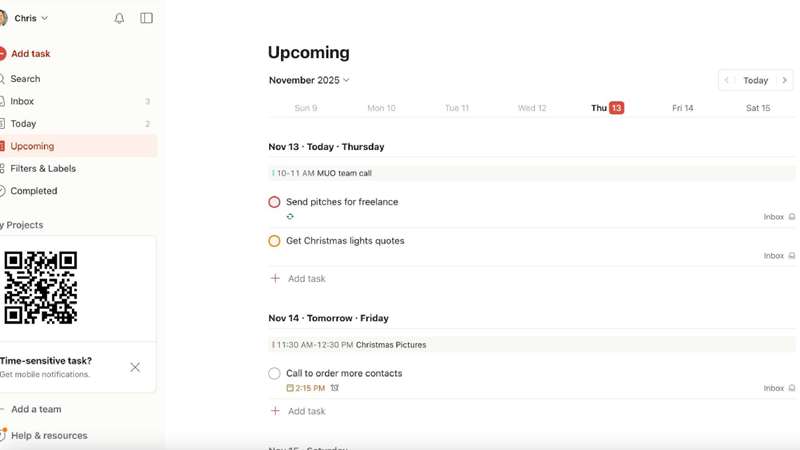 فیلتر Upcoming در Todoist