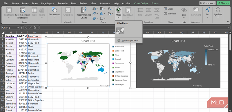 دو نقشه پر شده در یک صفحه‌گسترده Excel با سه ستون