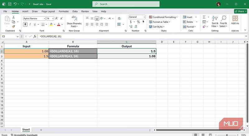 استفاده از توابع DOLLARDE و DOLLARFR در اکسل