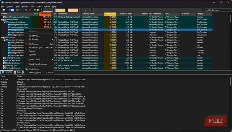 استفاده از Process Explorer برای پایان دادن به پردازش‌های مشکل‌ساز که باعث لگ می‌شوند
