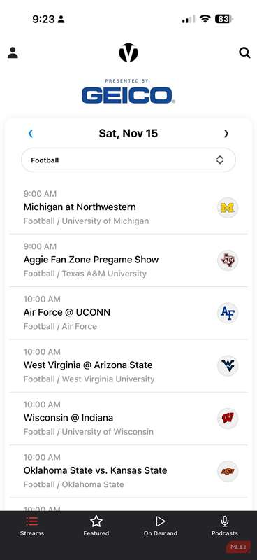 یک تصویر صفحه نمایش از شبکه Varsity بر روی iPhone.