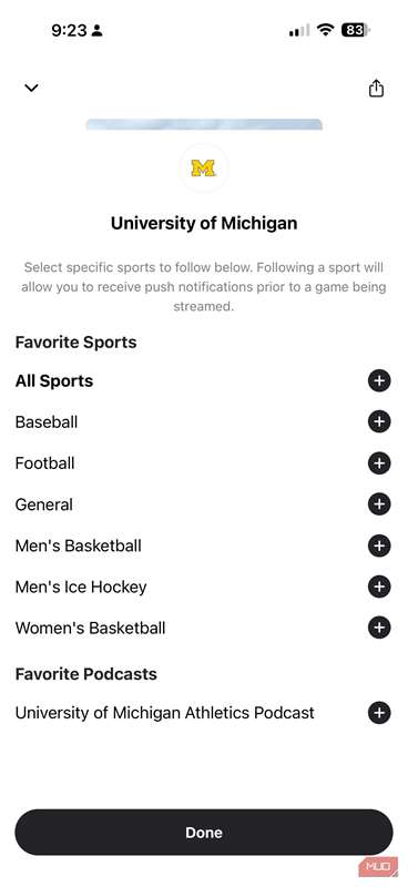 یک تصویر صفحه نمایش از شبکه Varsity بر روی iPhone.