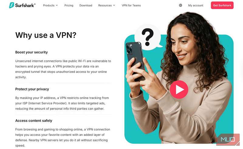 تصویری از وب‌سایت Surfshark دربارهٔ چرا استفاده از VPN