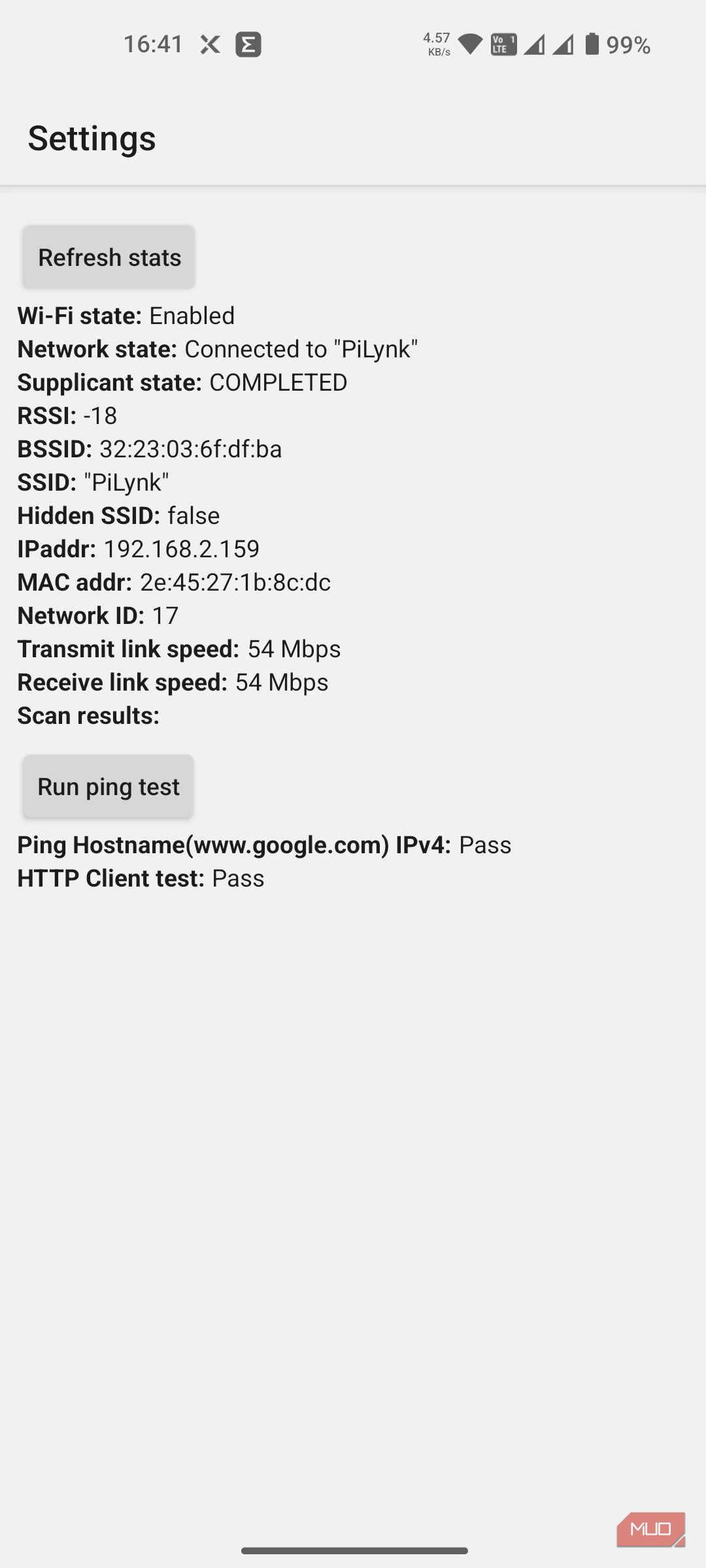 تنظیمات WiFi در منوی تست اندروید