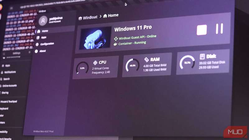 پنجره WinBoat در اوبونتو لینوکس.