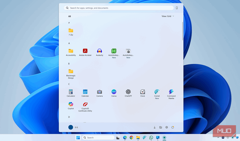 منوی استارت ویندوز ۱۱ نمایش برنامهها