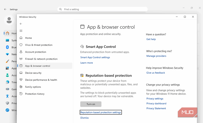 برنامه امنیت ویندوز و تنظیمات کنترل مرورگر