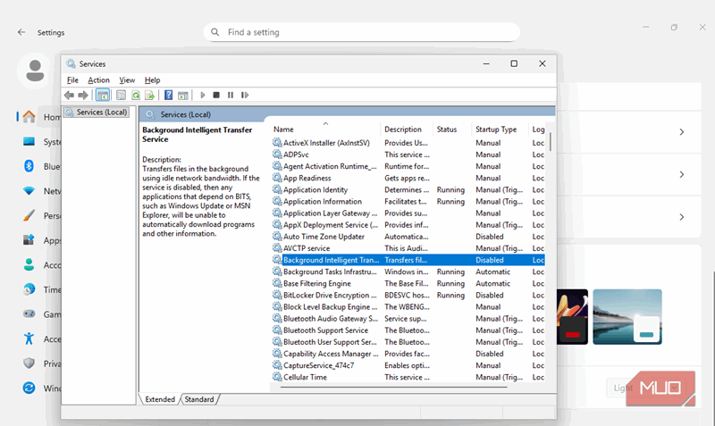 سروس‌های ویندوز نشان می‌دهند که سرویس انتقال هوشمند پس‌زمینه غیرفعال شده است