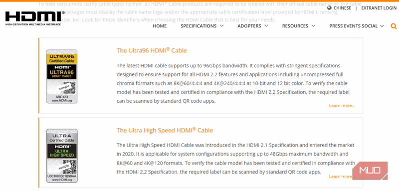 فهرست استانداردهای کابل HDMI