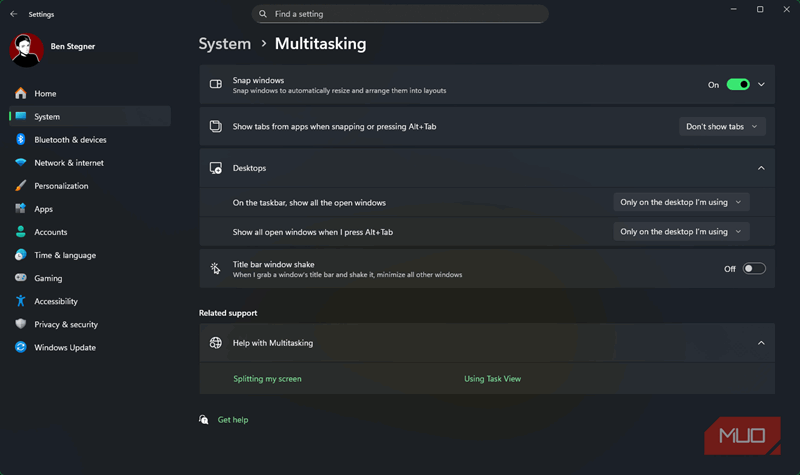 تنظیمات چندوظیفه‌ای ویندوز 11