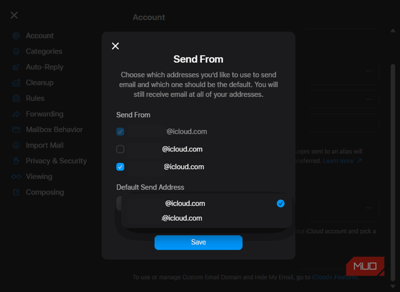 فهرست ارسال از نام مستعار ایمیل iCloud