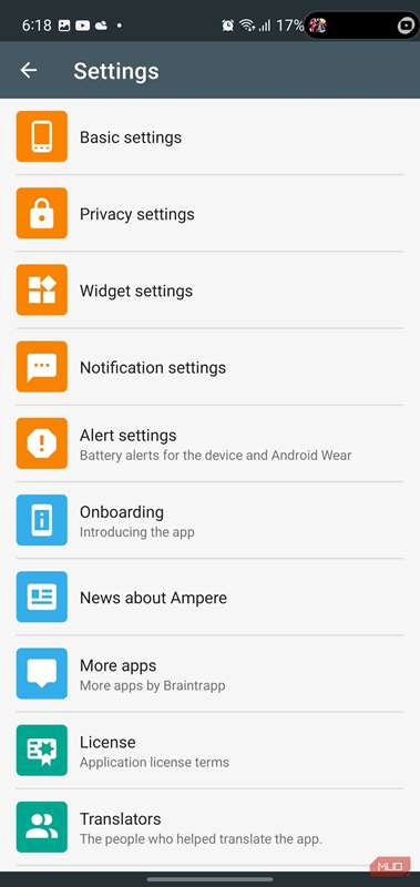 منوی تنظیمات برنامه Ampere که گزینه‌های پایه، حریم‌خصوصی، ویجت و اعلان را فهرست می‌کند.