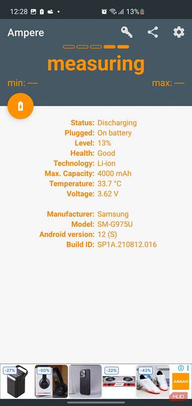 صفحهٔ Ampere که وضعیت اندازه‌گیری را با متن نارنجی هنگام شارژ از باتری نشان می‌دهد.