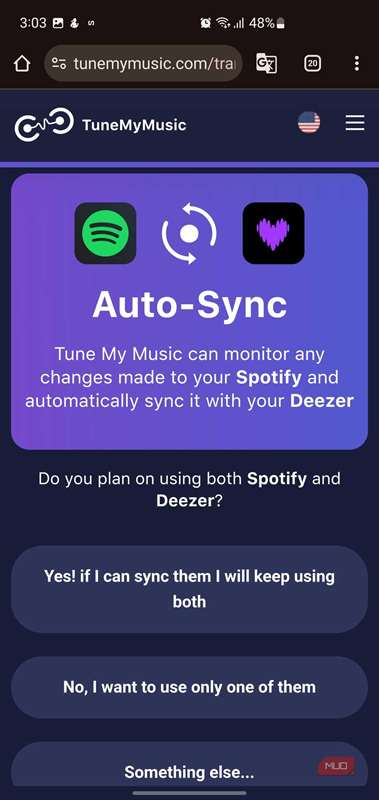 پیغام Auto‑Sync در TuneMyMusic.