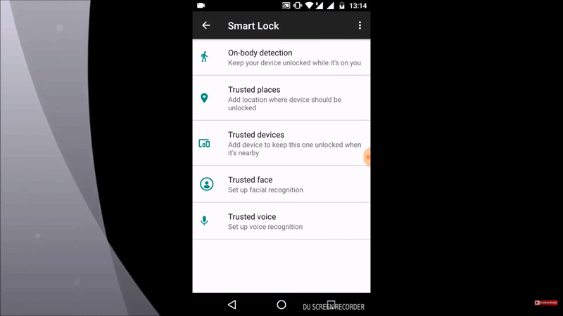 منوی تنظیمات Android Smart Lock که گزینه‌های تشخیص بدن، مکان‌های قابل‌اعتماد و دستگاه‌های قابل‌اعتماد را نمایش می‌دهد.