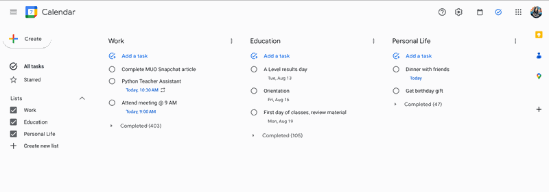 لیست‌های مختلف در Google Tasks
