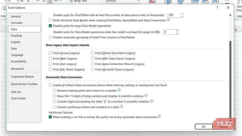 غیرفعال کردن تبدیل‌های خودکار داده در اکسل