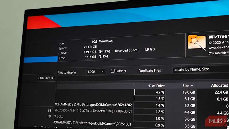 آمار فضای دیسک قابل مشاهده در برنامه WizTree در ویندوز ۱۱