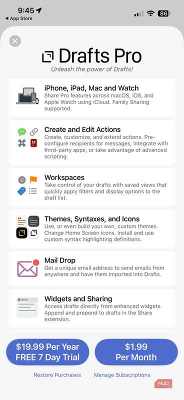 تصویر صفحه برای برنامه Drafts برای آیفون.