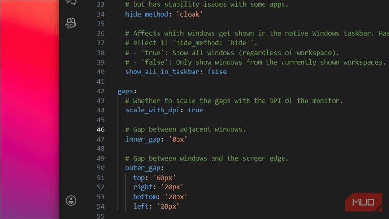 ویرایش فایل پیکربندی YAML برای GlazeWM در Visual Studio