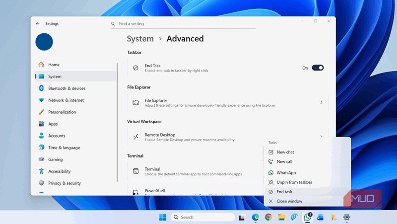 گزینه پایان کار در نوار کار